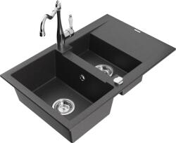 Mexen Gaspar chiuvetă din granit cu 1, 5 cuve cu scurgător și baterie de bucătărie Carla, negru stropit - 6507-76-670700-00 (6507-76-670700-00)