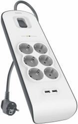 Belkin SurgePlus 6 AC Outlets And Two USB-A Ports Surge Protection Strip - разклонител с вградена защита с 6хAC изхода и 2хUSB-A порта (бял)