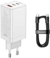 Baseus GaN 3 Pro Fast Laptop Charger 65W (CCGP050102) - захранване за ел. мрежа за лаптопи, смартфони и таблети с USB-A и 2xUSB-C изходи с технология за бързо зареждане и USB-C към USB-C кабел (бял)
