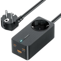 Toocki GaN Power Adapter Socket 67W - захранване за ел. мрежа за лаптопи, смартфони и таблети с AC, 1xUSB-A и 2xUSB-C изходи с технология за бързо зареждане (черен)