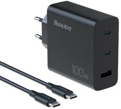 Huntkey P100 Fast Wall Charger 100W - захранване за ел. мрежа за мобилни устройства с 1xUSB-A и 3xUSB-C изходи с технология за бързо зареждане и USB-C кабел (черен)