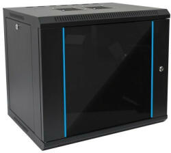 TechSon 600 × 600 mély 9U magas, fali 19"-os rackszekrény, üveg ajtó, fekete (rack_tc_60x60x9u)