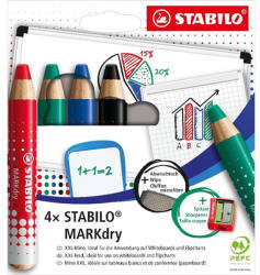STABILO MARKdry táblákhoz és flipchartokhoz 4db-os vastag színes táblaceruza készlet törlőkenővel és hegyezővel (648/4-5)