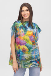 Shopika Summer Bluza de vara tip poncho din matase imprimata cu un peisaj campenesc cu gradini inflorite Talie unica