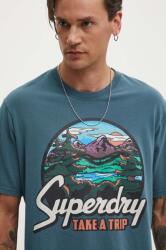 Superdry pamut póló türkiz, férfi, nyomott mintás, M1012187A-1XJ - türkiz XL