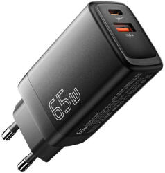 ESSAGER hálózati töltő 1xUSB-A és 1xUSB-C csatlakozással 65W GaN - fekete