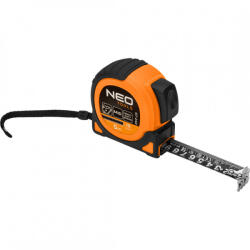 NEO TOOLS Mérőszalag, 5m/19mm, erősített rugós, acél, fekete szalag fehér nagyított skálával, mágneses, autostop+rögzítő (67-242) - olaj