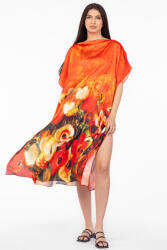 SHOPIKA Rochie de plaja lunga tip poncho din matase cu imprimeu floral pe fond portocaliu Talie unica