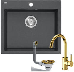 Quadron MORGAN 110 black diamond gránit mosogatótálca + Quadron NAOMI csaptelep, leeresztőszelep PVD nano gold