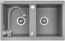 Laveo SRBA_520T - LAVEO BARBADOS 780X480 gránit mosogató szürke + Laveo álló szürke csaptelep szett dugókiemelővel (SRBA_520T)