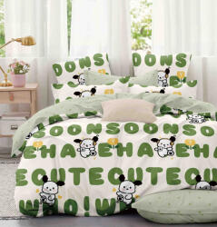 Jojo Home Lenjerie pat single, bumbac finet, 4 piese, alba verde cu desene-A747 (A747) Lenjerie de pat