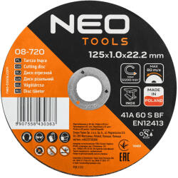 NEO TOOLS Vágókorong, fémhez, 125x1x22, 2mm, 41A 60 S BF INOX, 25db/cs (08-720) - szerszamparadicsom