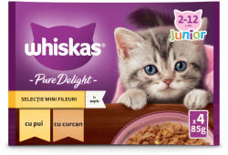 Whiskas WHISKAS Pure Delight Junior Selectii Pasăre, Pui și Curcan, plic hrană umedă pisici junior, (în aspic), multipack, 85g x 4