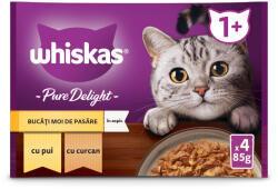 Whiskas WHISKAS Pure Delight Selectii Pasăre, Pui și Curcan, plic hrană umedă pisici, (în aspic), multipack, 85g x 4