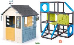Smoby Set căsuță stație meteorologică stație cu cățărătoare și pereți de cățărat Frame Kraxxl 4 Seasons Playhouse Smoby cu clopoțel de vânt și pluviometru (SM810731-12) Casuta pentru copii