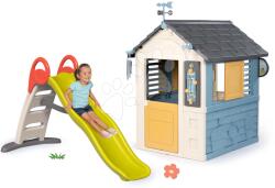 Smoby Set căsuță stație meteorologică și tobogan de 2 metri cu apă Cele patru anotimpuri 4 Seasons Playhouse Smoby cu clopoțel de vânt și pluviometru (SM810731-2) Casuta pentru copii