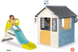 Smoby Set căsuță stație meteorologică cu tobogan de 1, 5 m metri cu apă Cele patru anotimpuri 4 Seasons Playhouse Smoby cu clopoțel de vânt și pluviometru (SM810731-1) Casuta pentru copii
