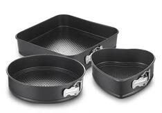 TOO KT-52-BK 3 db-os szénacél tortaforma készlet, 21 cm szív -, 26 cm kerek-, 28 cm-es szögletes forma (KT-52-BK)