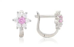 Ezüst baba és gyermek fülbevaló franciakapcsos 6szirmú virág rózsaszín és fehér kövekkel ródiumbevonatos
