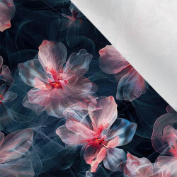 Takoy Matt anyag fürdőruhákhoz, fitnesz ruházathoz rózsaszín áttetsző virágok fekete alapon