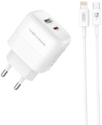 XO L137 PD 20W gyorstöltő (Fehér) - PD 20W + QC 18W, USB-A + USB-C csatlakozó, Lightning kábellel