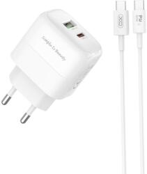 XO L137 gyorstöltő adapter, Type-C (20W) / USB-A (18W) csatlakozóval, Type-C kábellel fehér