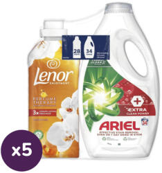 Ariel + Lenor mosási csomag: Ariel Extra Clean folyékony mosószer 5x1, 7 liter (170 mosás) + Lenor Orchid & Vanila öblítő 5x0, 7 l (140 mosás)