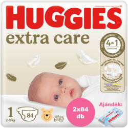 Huggies Extra Care 1-es pelenka 2-5 kg, 168 (2x84) db - HAVI pelenkacsomag + AJÁNDÉK Huggies törlőkendő