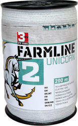 FarmLine Unicorn 2 villanypásztor vezeték (Hossz: 200 m | Szélesség: 20 mm | Vezetőszálak: 6 x 0, 16 mm Niro | Ellenállás: 7, 34 Ohm/m | Szakítószilárdság: 90 kg | Ajánlott kerítéshossz: 400 m | Fehér)