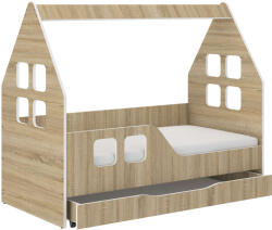 Wooden Toys Pătuț pentru copii Hangulatos Házikó SONOMA 140x70cm cu saltea și spațiu de depozitare pentru lenjerie - stânga