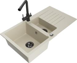 Mexen Matias, gránit mosogató 900x505x200 mm, 1, 5 kamrás és fekete csaptelep Duero, bézs, 6502-69-671600-70 (6502-69-671600-70)