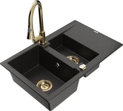 Mexen Gaspar, 1, 5 kamrás gránit mosogató 737x475x177 mm és Elia mosogató csaptelep, fekete-arany metál, 6507-75-670101-50 (6507-75-670101-50)