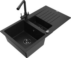 Mexen Matias, gránit mosogató 900x505x200 mm, 1, 5 kamrás és fekete csaptelep Duero, fekete, 6502-77-671600-70-B (6502-77-671600-70-B)