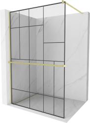 Mexen Kioto+, Walk-In zuhany paraván polccal és akasztóval 70 x 200 cm, 8 mm átlátszó üveg fekete mintás, arany matt profil, 800-070-121-55-78 (800-070-121-55-78)
