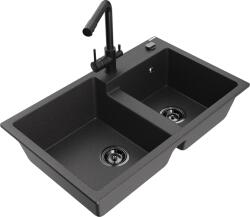 Mexen Tomas, gránit mosogató 800x500x190 mm, 2 kamrás és fekete Duero csaptelep, fekete foltos, 6516-76-671600-70-B (6516-76-671600-70-B)
