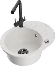 Mexen Kevin, gránit mosogató 586x458x190 mm, 1 kamrás és fekete Duero csaptelep, fehér, 6517-20-671600-70 (6517-20-671600-70)