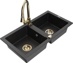 Mexen Mario, 2-kamrás gránit mosogató 820x436x161 mm és Elia mosogató csaptelep, fekete-ezüst metál, 6504-73-670101-50 (6504-73-670101-50)