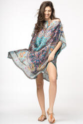 SHOPIKA Rochie de plaja tip poncho din matase cu motive orientale pe fond turcoaz Talie unica