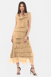 SHOPIKA Rochie camel din matase si vascoza cu volane franjurate suprapuse, fara maneci Talie unica