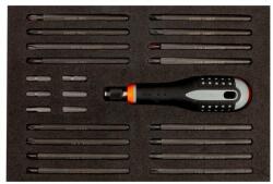 Bahco ERGO csavarhúzó cserélhető szárakkal/bitekkel, készlet 22 db Hornyolt, Phillips, Pozidriv, TORX ® és Hatlapfejű csavarok (BE-8576)