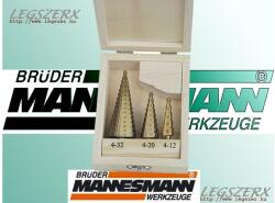 Brüder Mannesmann német 3 részes titán bevonatú lépcsős fúró készlet 4-32mm fadobozban 5 év garancia (54603) (54603MN)