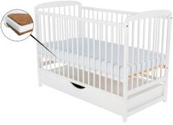 BabyNeeds - Patut din lemn Ola 120x60 cm, Cu sertar cu capac, Din lemn de pin si mdf, Stabil si rezistent, Inaltime saltea reglabila pe 3 nivele, Laterala cu 3 bete detasabile, EN716-1, EN716-2, Alb + Saltea 10