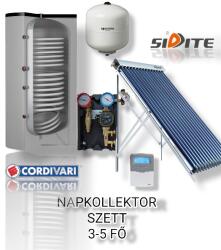 Napcsap 3-5 fő részére napkollektor rendszer: 20 vákuumcsöves napkollektor + 200 literes 2 hőcserélős Cordivari álló bojler + ECO szivattyú állomás + vezérlés + tágulási tartály (SZETT_3-5_20VCS2ST200_ENV)