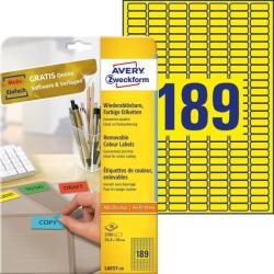 Avery Etikett címke, 25, 4 x10mm, univerzális visszaszedhető, 189 címke/ív, 20 ív/doboz, Avery sárga (L6037-20) - nyomtassingyen
