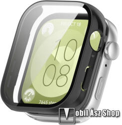 Okosóra műanyag védő tok / keret - FEKETE - 9H edzett üveg előlap védő is! - HUAWEI Watch Fit 3