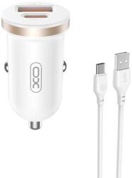 XO CC56, Szivargyújtós töltő, PD 30W QC 1x USB-A + 1x USB-C + USB - USB-C kábel, fehér (GYORS TÖLTÉS)
