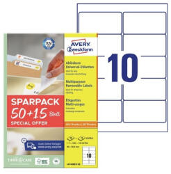 Avery Etikett címke, 96x50, 8 mm, univerzális, 65 lap, 10 címke/lap Avery, fehér (L4744REV-65) - iroszer24