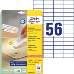 Avery Zweckform No. L6027REV-25 fehér színű 52, 5 x 21, 2 mm méretű, univerzálisan nyomtatható, öntapadós etikett címke, visszaszedhető ragasztóval A4-es íven - kiszerelés: 1680 címke / 30 ív