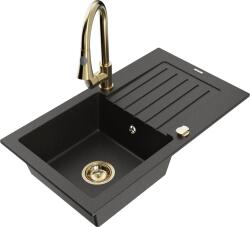 Mexen Pablo, 1 kamrás gránit mosogató 752x436x161 mm és Elia mosogató csaptelep, fekete-arany metál, 6510-75-670101-50 (6510-75-670101-50)