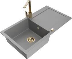 Mexen Leo, gránit mosogató 900x500x190 mm, 1 kamrás, szürke, arany szifonnal és arany Rita mosogató csapteleppel, 6501-71-670300-50 (6501-71-670300-50)